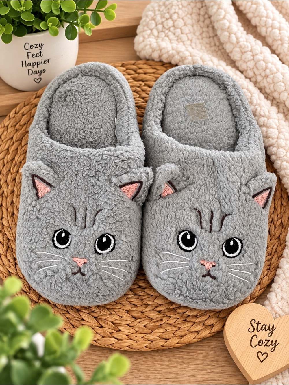 Cozy Plush Cat Slippers • Size 9.5-10.5